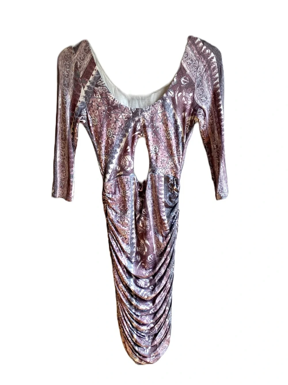 Free People Jasmine Mini Dress Size S Purple Printed Ruched Bodycon Elbow Sleeve